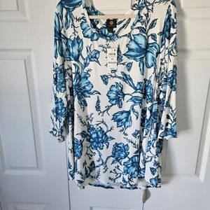 JM Collection Teal and White Floral Blouse